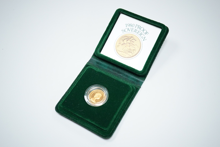 British Gold coins, QEII, gold proof sovereign, 1980, in case of issue with certificate
